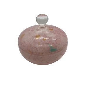 Italian Art Glass Trinket Jar With Lid Jewelry Holder 4” Diameter Round.